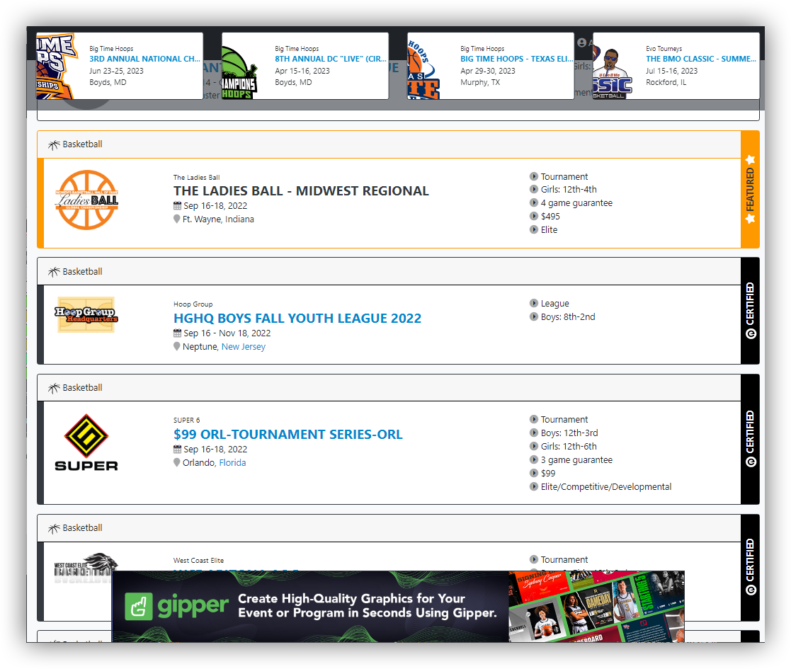 Event, Tournament, League pickleball Directory Listing